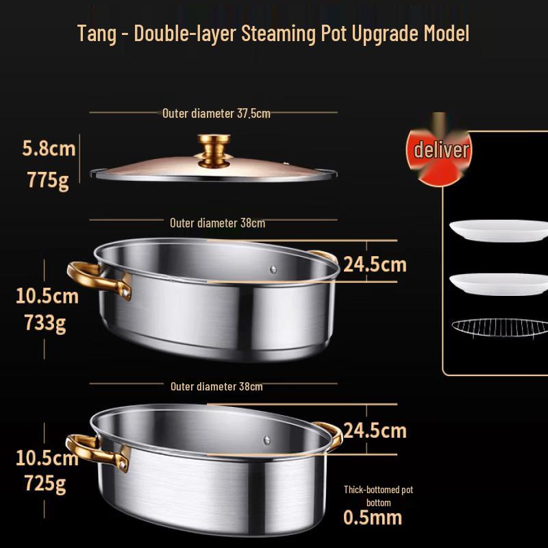 Wutuo 38cm 304 Stainless Steel Double-Layer Oval Fish Steamer