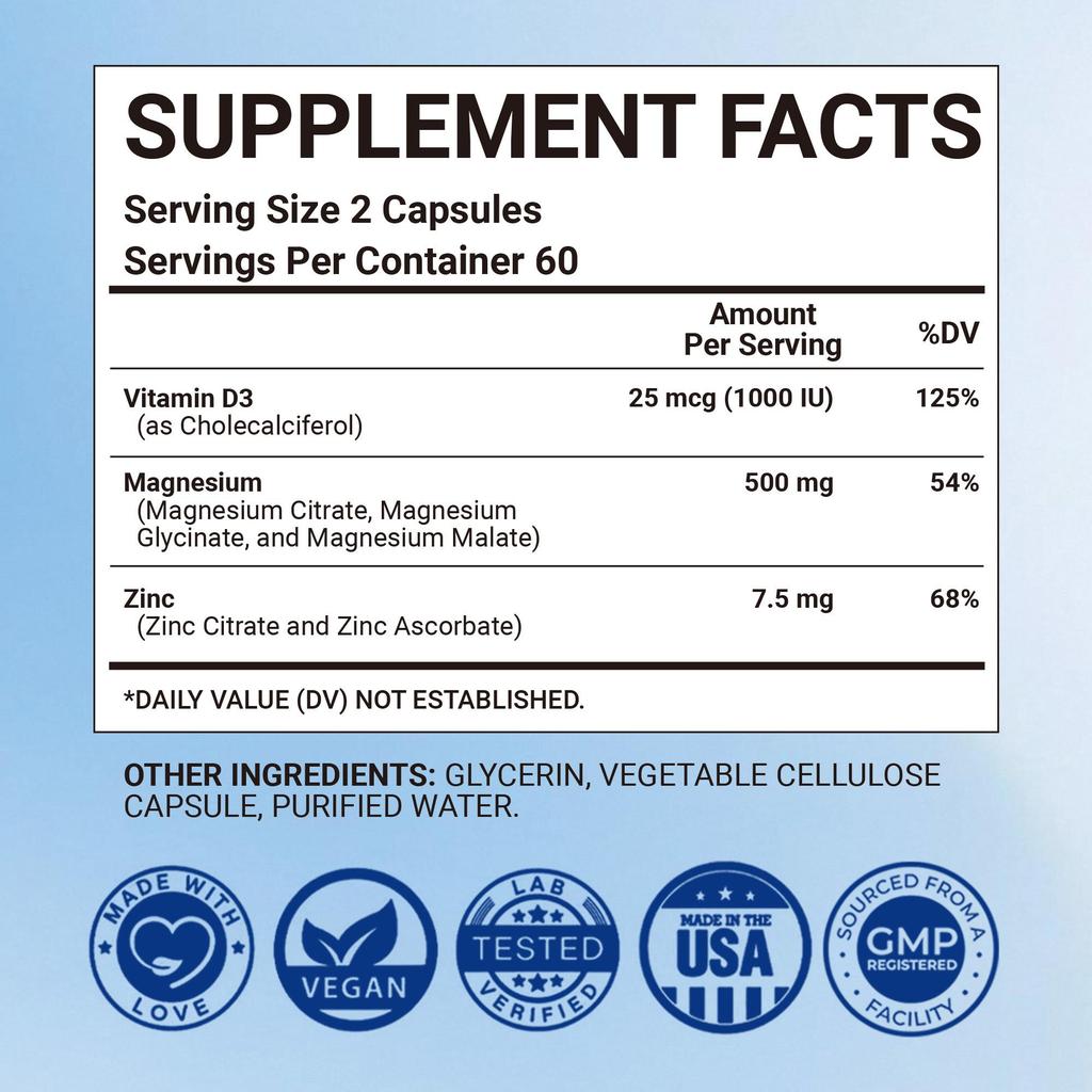 Hochreine Magnesiumglycin-Kapseln, 500 mg, Vitamin D3, Zinkkomplex-Formel, schützt die Knochen- und Gelenkgesundheit.