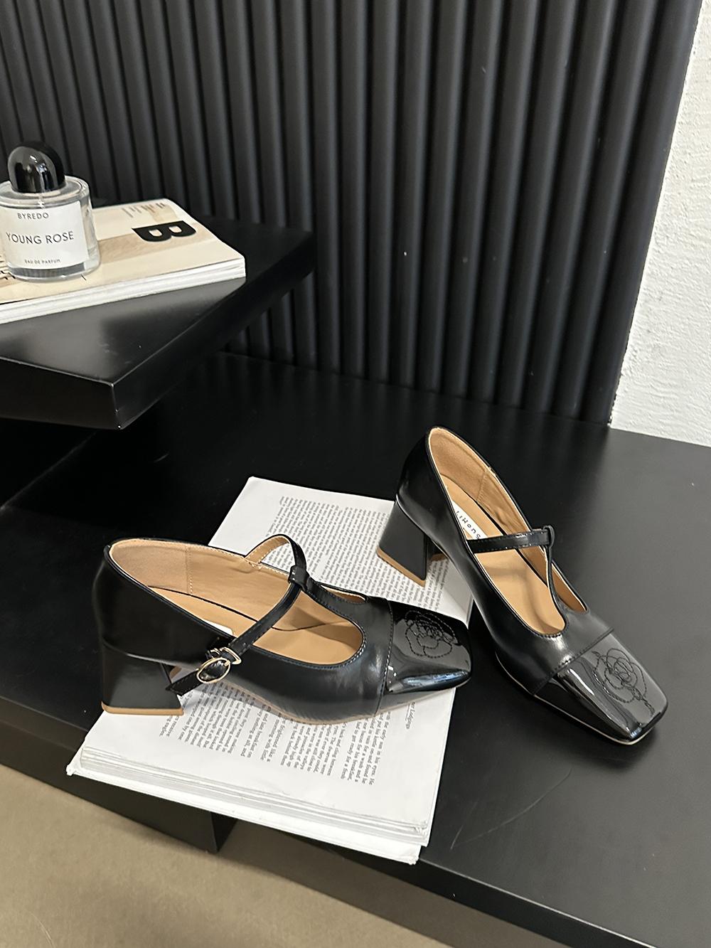 

fashion Square Toe Women Pumps 2024 New Arrivals Black Brown Beige Square Mid Heeled Belt Buckle Dress Shoes Woman Pumps Size 35-39 5.5 чёрный