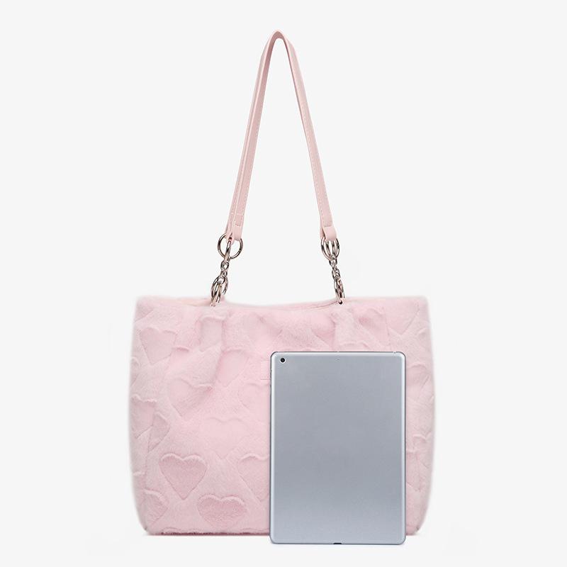 Niedliche flauschige Damen-Freizeit-Tragetaschen Liebesherz Damen Süße Schulter-Unterarmtasche Einfarbig Damenmode Plüsch-Handtaschen MIT