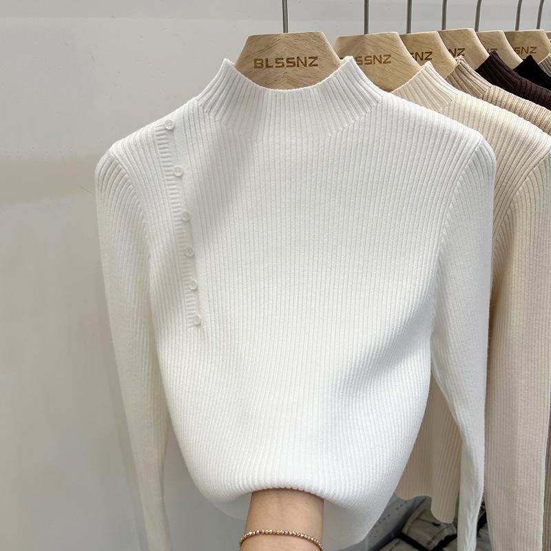 

Женский осенне-зимний трикотажный пуловер с длинным рукавом, высоким воротником, облегающего кроя, базовый, на пуговицах, однотонный, для многослойности one size