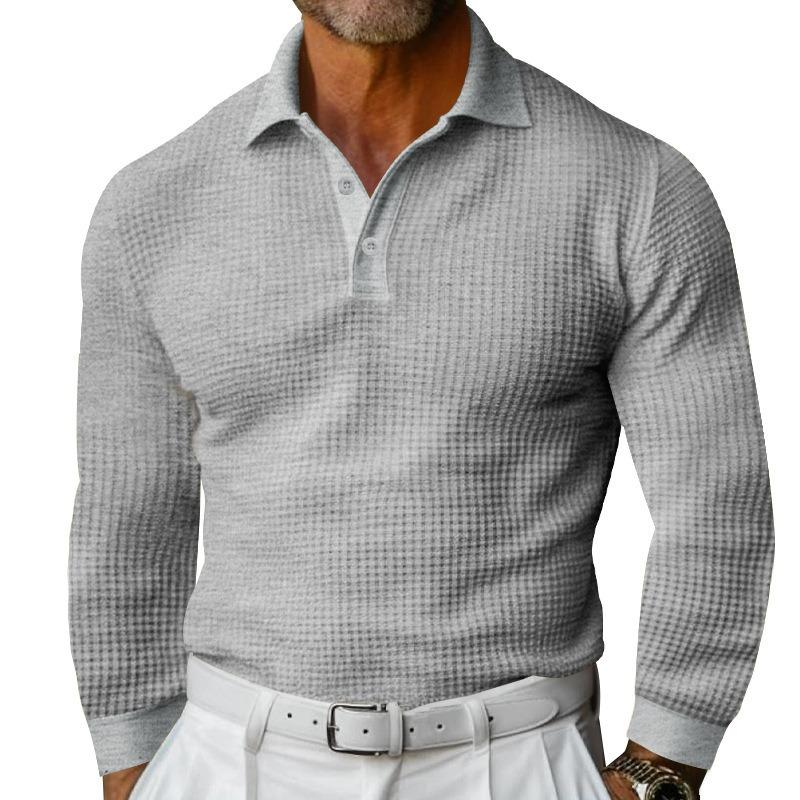 New Men's Waffle Lapel Button Long Sleeve Polo Shirt Vacation Casual T-Shirt