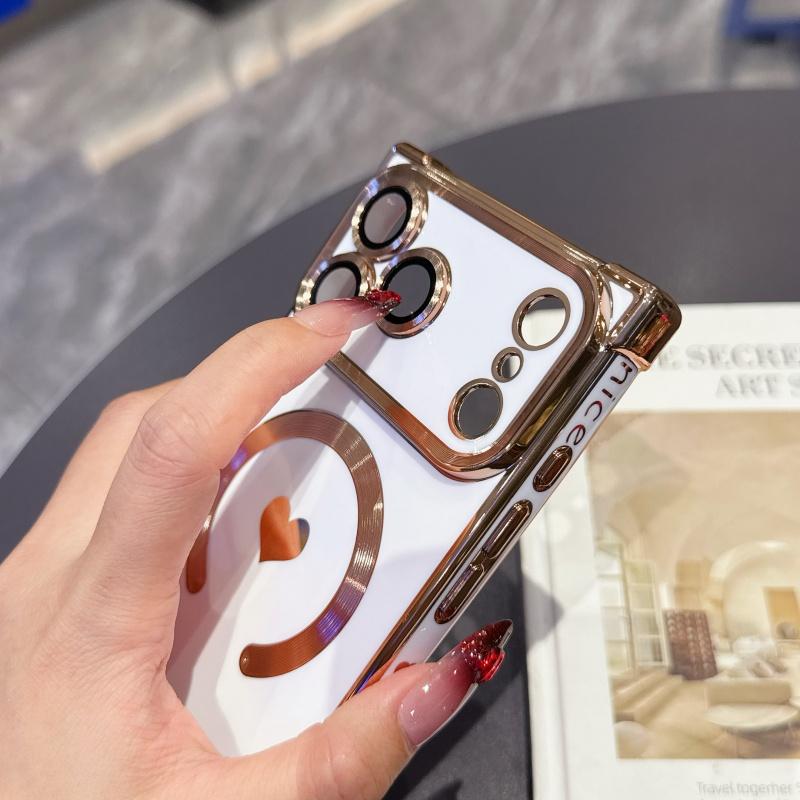 For For Iphone 17 Air Pro Max  Plating Love Heart Frame  Magnetic Phone Case For For Iphone 13 14 15 16 Plus Back Cover