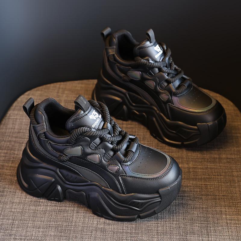 Leather Muffin Platform Dad Shoes Women's Autumn New Round Head Lace-up Inner Height-increasing Women's Shoes Versatile Sports Shoes