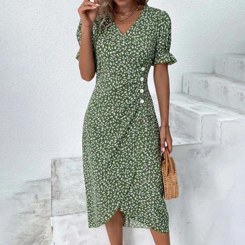 TIFICY Damenmode Sommer Frühling Blumenmuster Druck Kurzarm V-Ausschnitt Hohe Taille Freizeitkleider