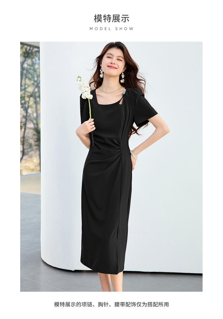 26 Year New Summer Pleated Waist Slimming and Slimming Mid Length Skirt Versatile and Elegant Slit Short Sleeved Skirt Dress