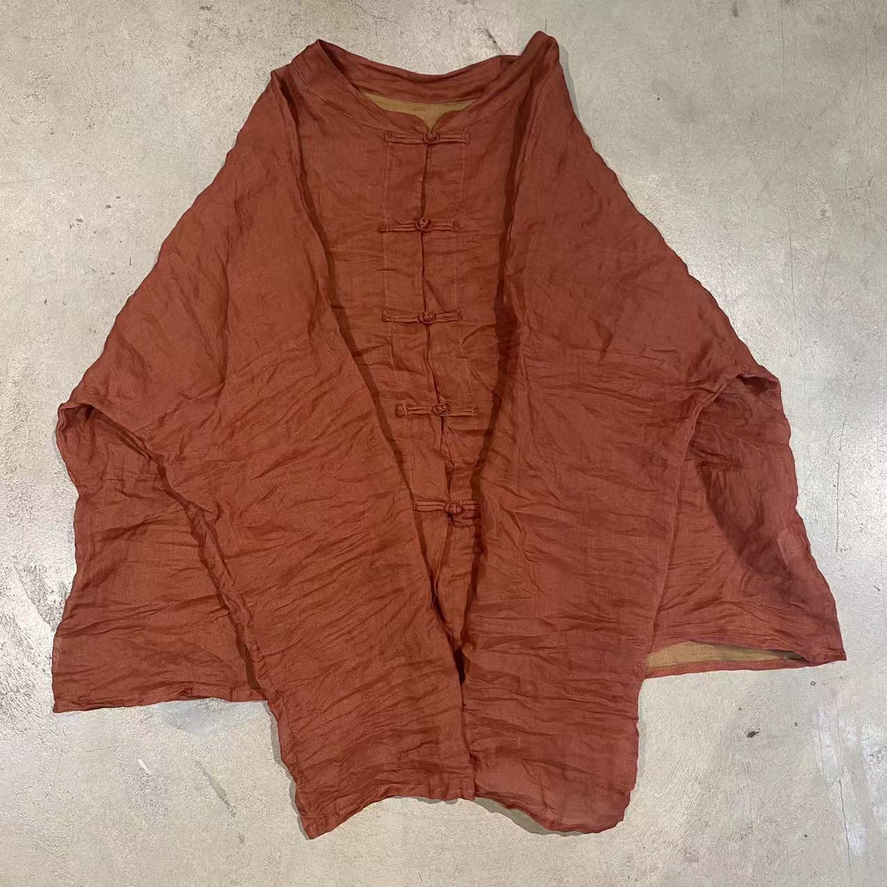 

Johnature Женские винтажные рубашки Топы Стойка Длинный рукав Блузки Весна Однотонные Пуговицы Китайский стиль Рубашки One Size оранжевый