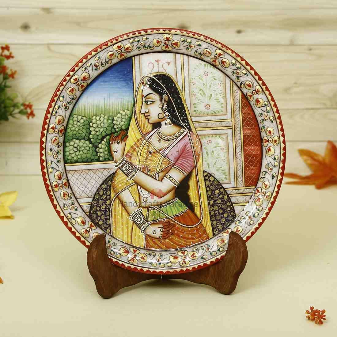 

Paradise Lady Figure Painted Round Shape Marble Showpiece Plate with Stand (22.95 cm x 1.3 cm x 22.95 cm)
