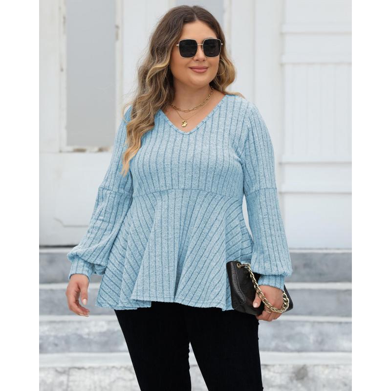 Women's Plus Size Tops Spring Autumn Doll Shirt V-Neck Ribbed Fleece Lantern Sleeve T-Shirt Base Shirt