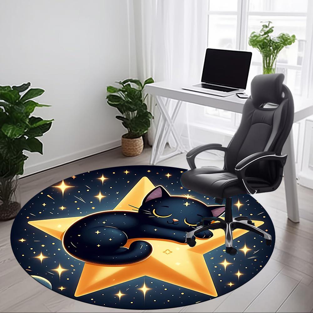 1pc Starry Night Cat Office Round Area Rug, Under Office Chairs Bedroom Living Room Home Decor, Room Deco