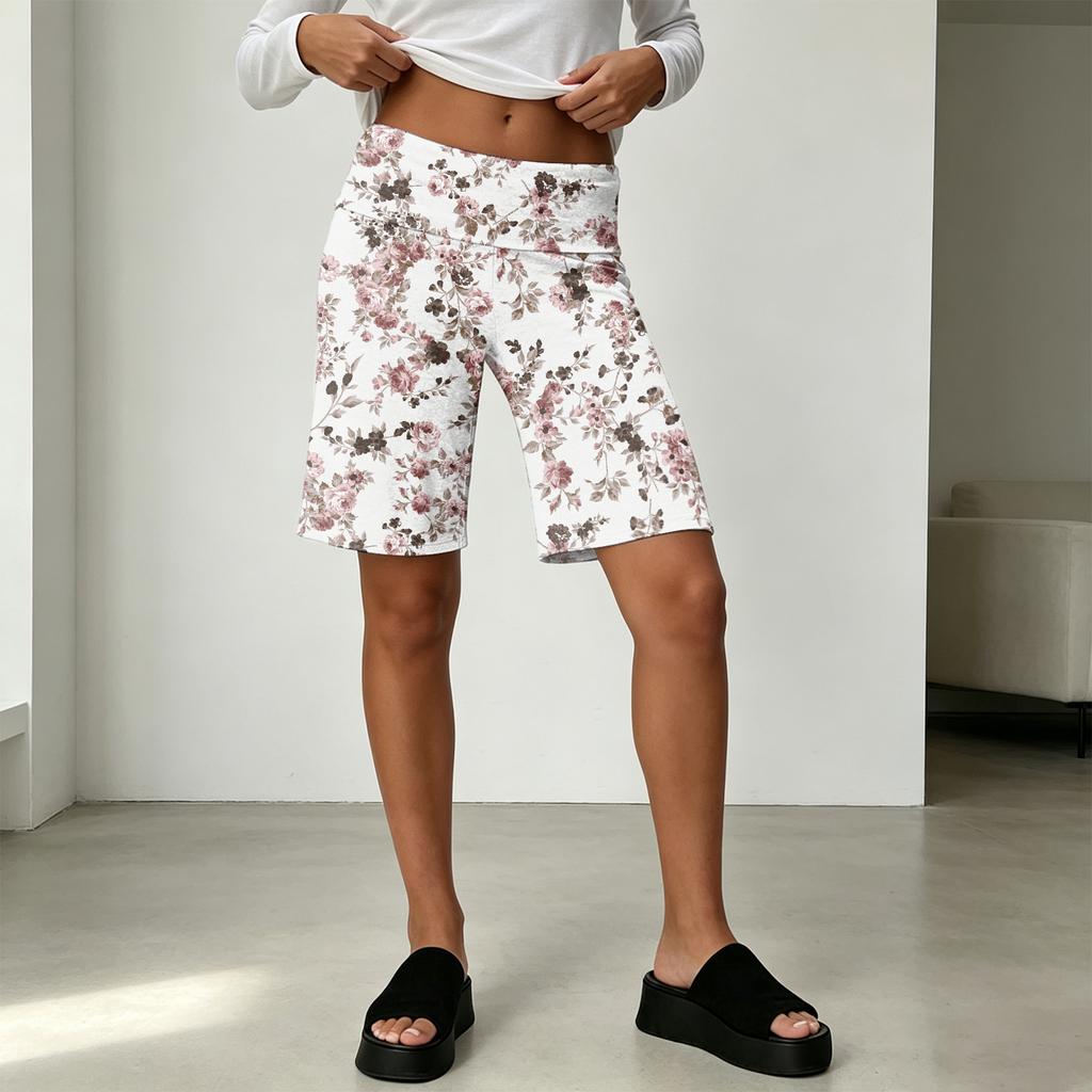 Pantaloncini Bermuda Stampati da Donna Vita Alta Elasticizzati Pantaloni Lounge Casual Vestibilità Larga Lunghezza Ginocchio Da Tirare Pantaloni Estivi