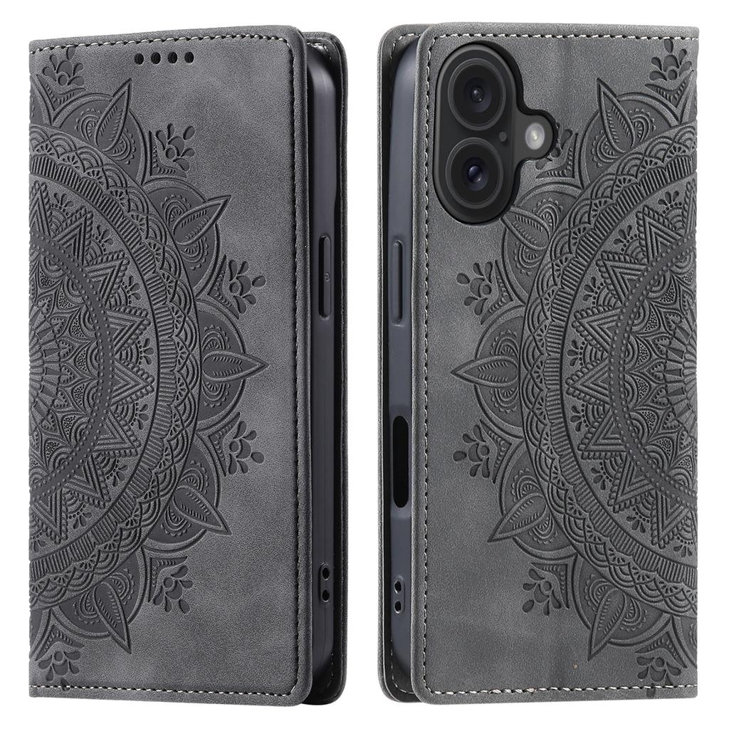 Style-010 For iPhone 16 Plus Case Imprinted Leather Phone Cover Magnetic Auto Closing