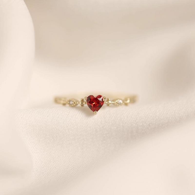 Heart-Shaped Red Zirconia Open Ring – Japanese Style, Elegant & Fresh Women's Wedding Ring