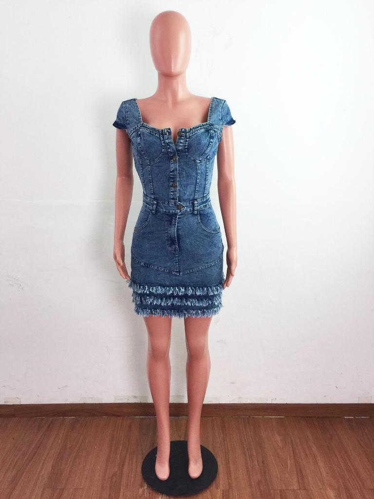 Women's Slim Fit Raw Edge Tassel Denim Dress