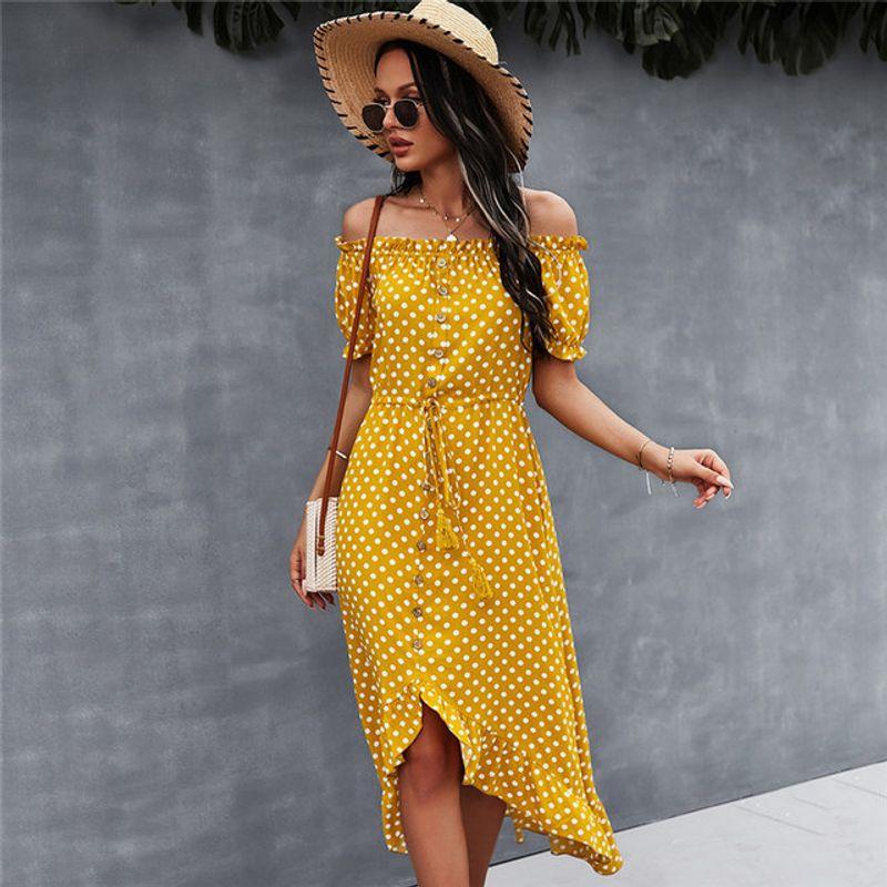 

Shoulder Dress For Woman Sexy Slash Neck Spring Summer Dress Yellow XL