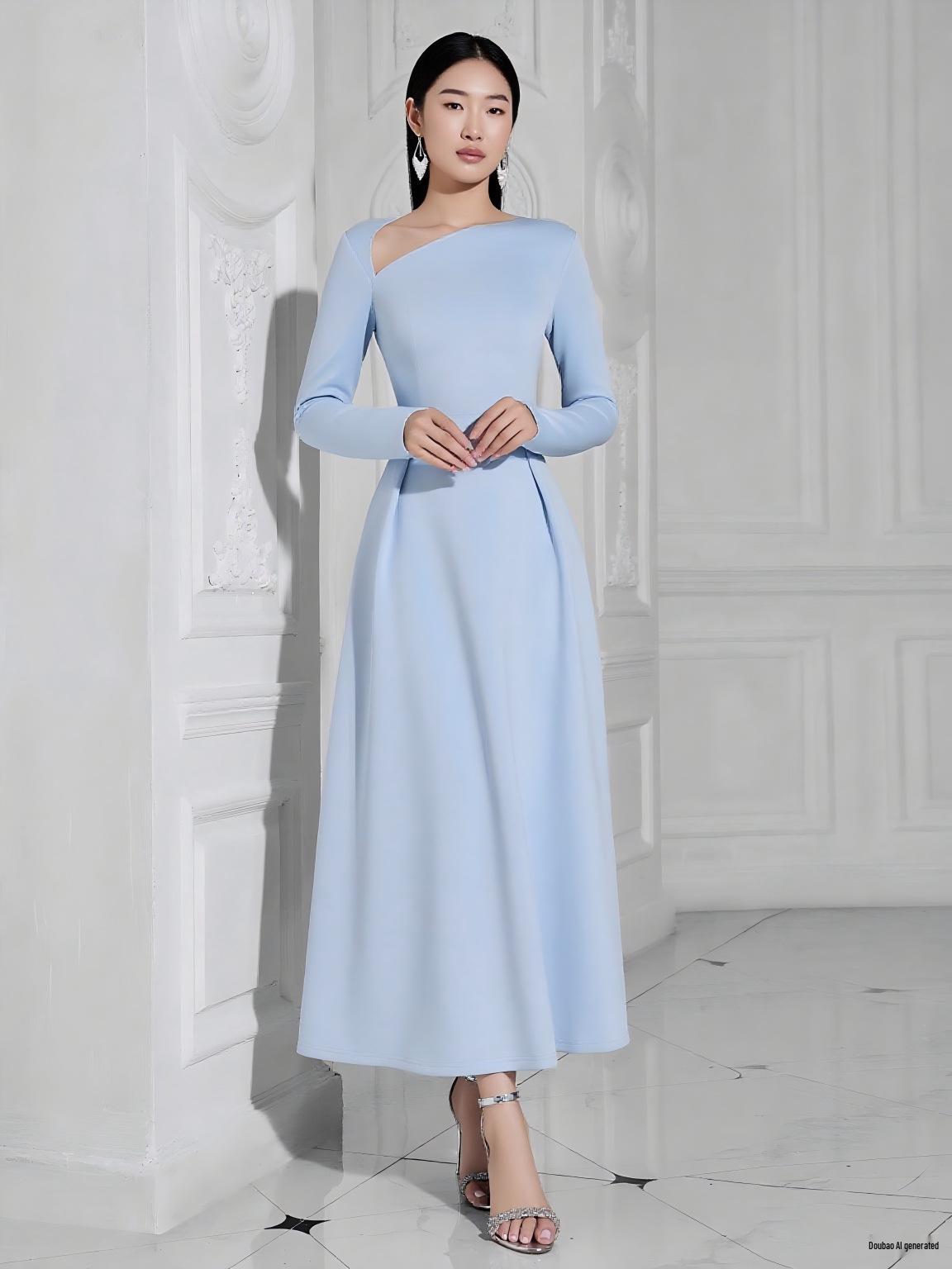 

Елегантна асиметрична весільна сукня з довгим рукавом А-силуету YBH10152 Large синій