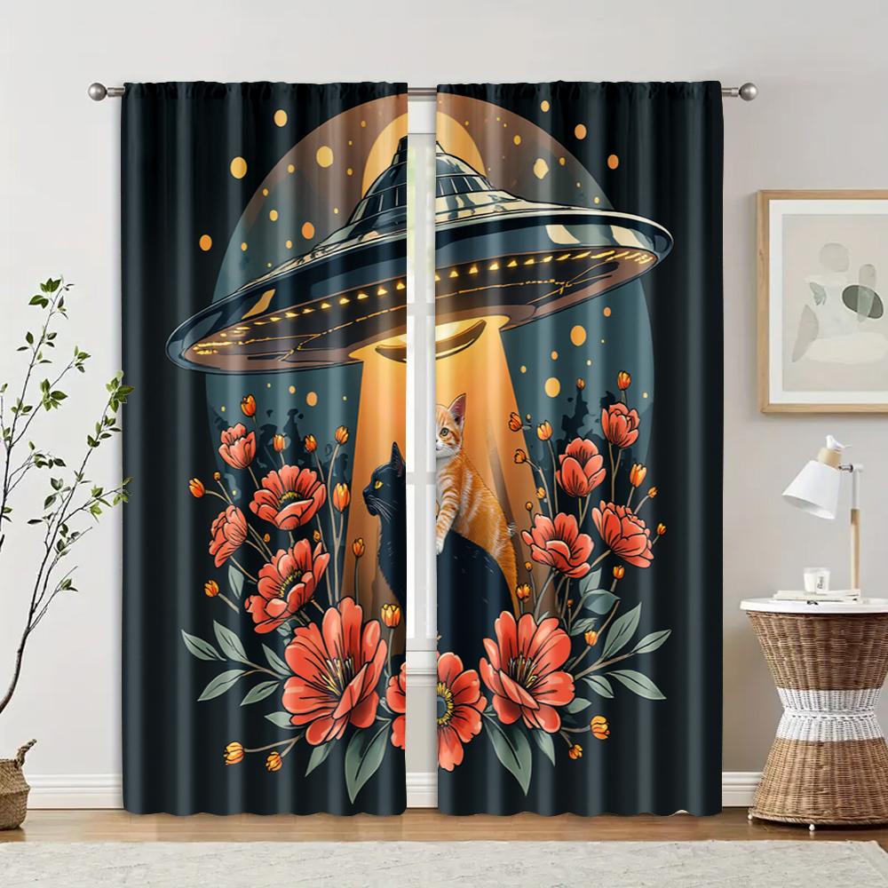 

Set Of 2 Filtering Curtains Excluding Rods Non Movable Without Batteries Black Cat Feline Friends Use Bedrooms Curtain For Master Bedroom Made W100*H70(CM)-Hooks&1PCS