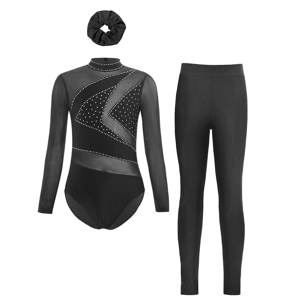 Girls Mesh Long Sleeve Cutout Back Leotard Sparkly Rhinestone Figure Skating Leggings Headband Set