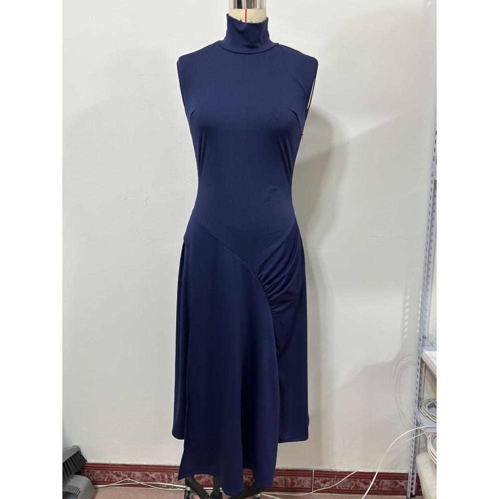 Women's Turtleneck Sleeveless Maxi Dress Slim Fit High Waist Solid Ruched Mermaid Casual Dress