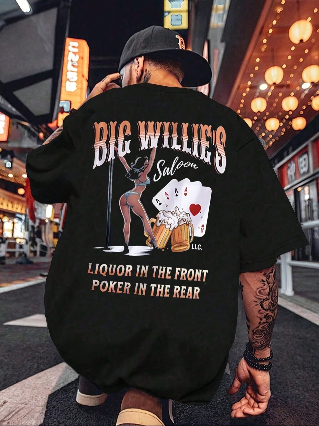 Mens Big Willies Saloon Graphic TShirt Black Casual Short Sleeve with LIQUOR IN THE FRONT POKER IN THE BEAR Western Design S