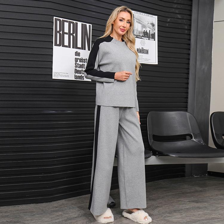 Conjunto de dos piezas de suéter de punto casual para mujer de otoño invierno, tops de manga larga tipo jersey y pantalón de pierna ancha, chándal