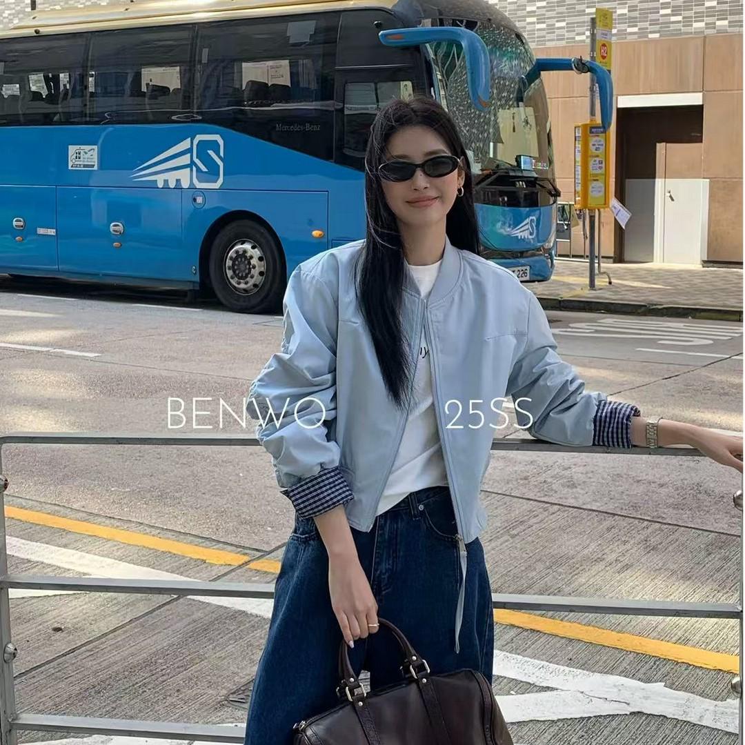 

Женская короткая бейсбольная куртка в клетку пэчворк - Весна/Осень 2025, маленькая, универсальная, повседневная, стиль хай-энд Medium светло-синий