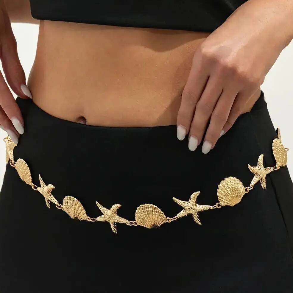 Salircon New Bohemia Metal Starfish Scallop Waist Chains for Women Summer Beach Sexy Bikini Belly Chain Party Vacation Jewelry