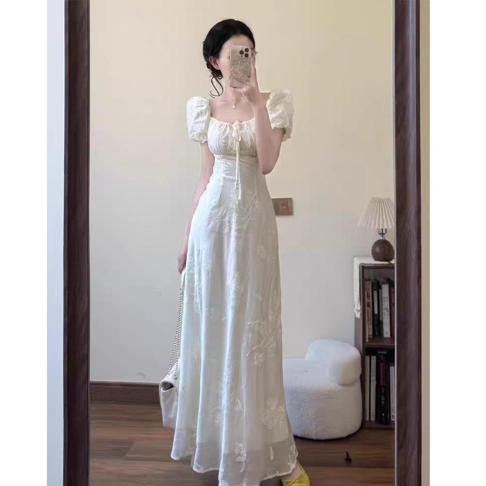 French first love pure square neck dress children's summer 2026 new waist temperament bubble sleeves fairy long dress