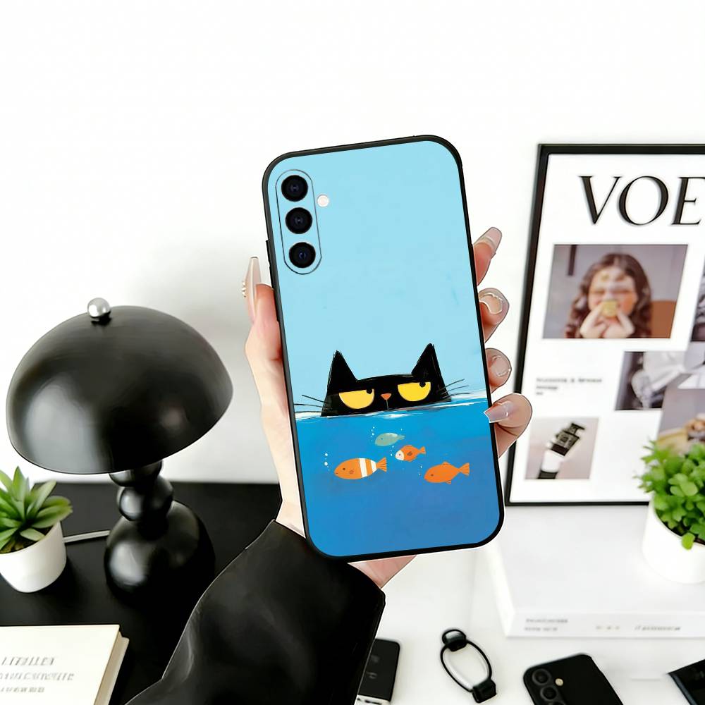

Cute Black Cat Illustration Phone Case For Samsung Galaxy A73,A72,A71,A70,A53,A52,A51,Soft Silicone Black Cover Samsung a32 5g