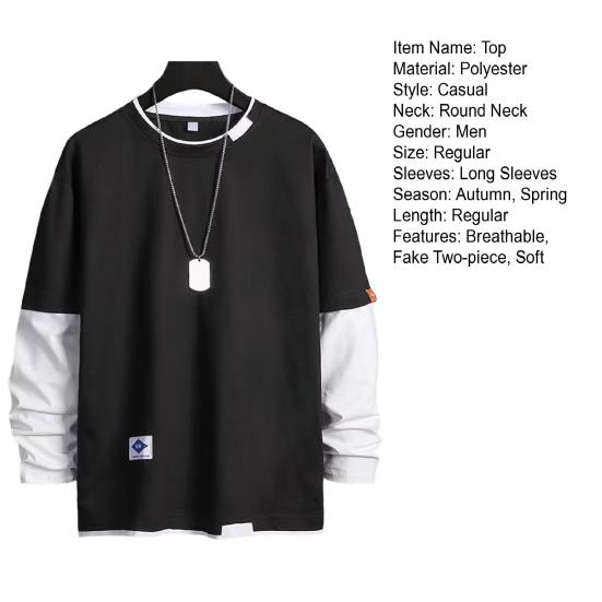 Men Spring T-shirt Fake Two-piece Round Neck Long Sleeves Loose Pullover Keep Warm Contrast Color Friendly to Skin Men Top Men Clothes