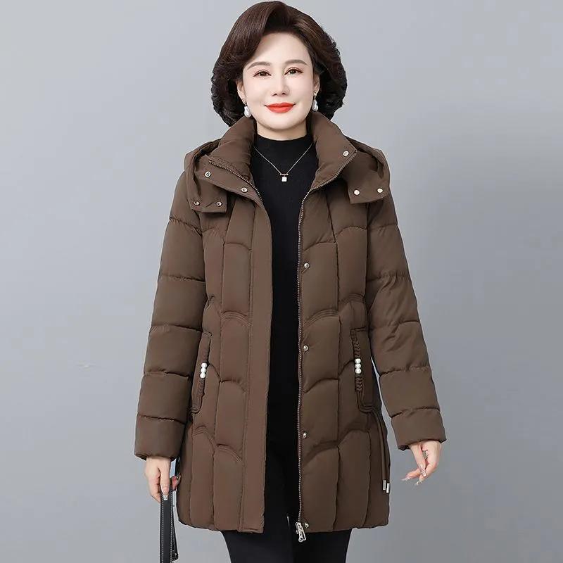 Women's Winter Thickened Jackets Parkas Hooded Quilted Long Pockets Coat Middle Aged Female Overcoat