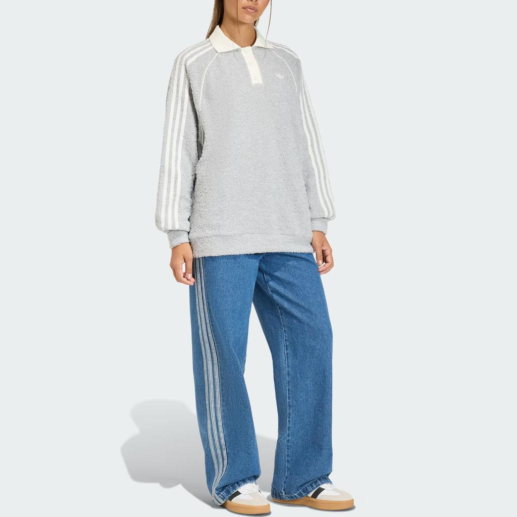 Adidas Originals FW25 Boucle Loose Fit Striped Long Sleeve Polo Shirt Women Tops KS7791