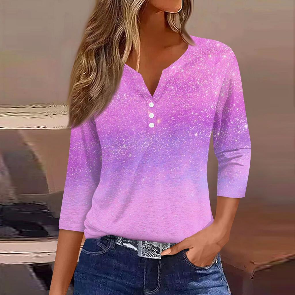 Damen T-Shirt mit Aufdruck, Knopfleiste, 3/4-Ärmel, modisch für den Alltag und das Wochenende, Basic, V-Ausschnitt, normales Oberteil