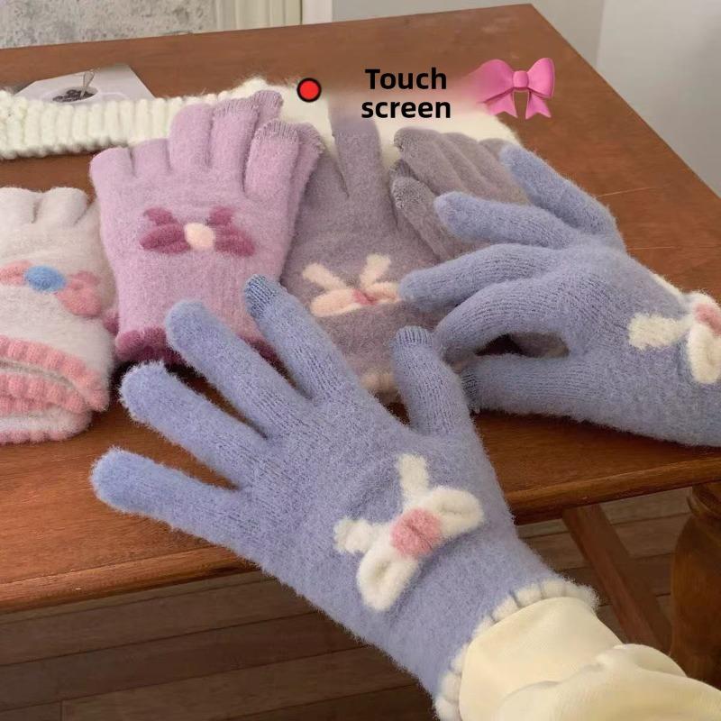 Touchscreen Knitted Gloves for Women  Autumn and Winter Knitted Yarn for Warmth Five Finger Cute Students