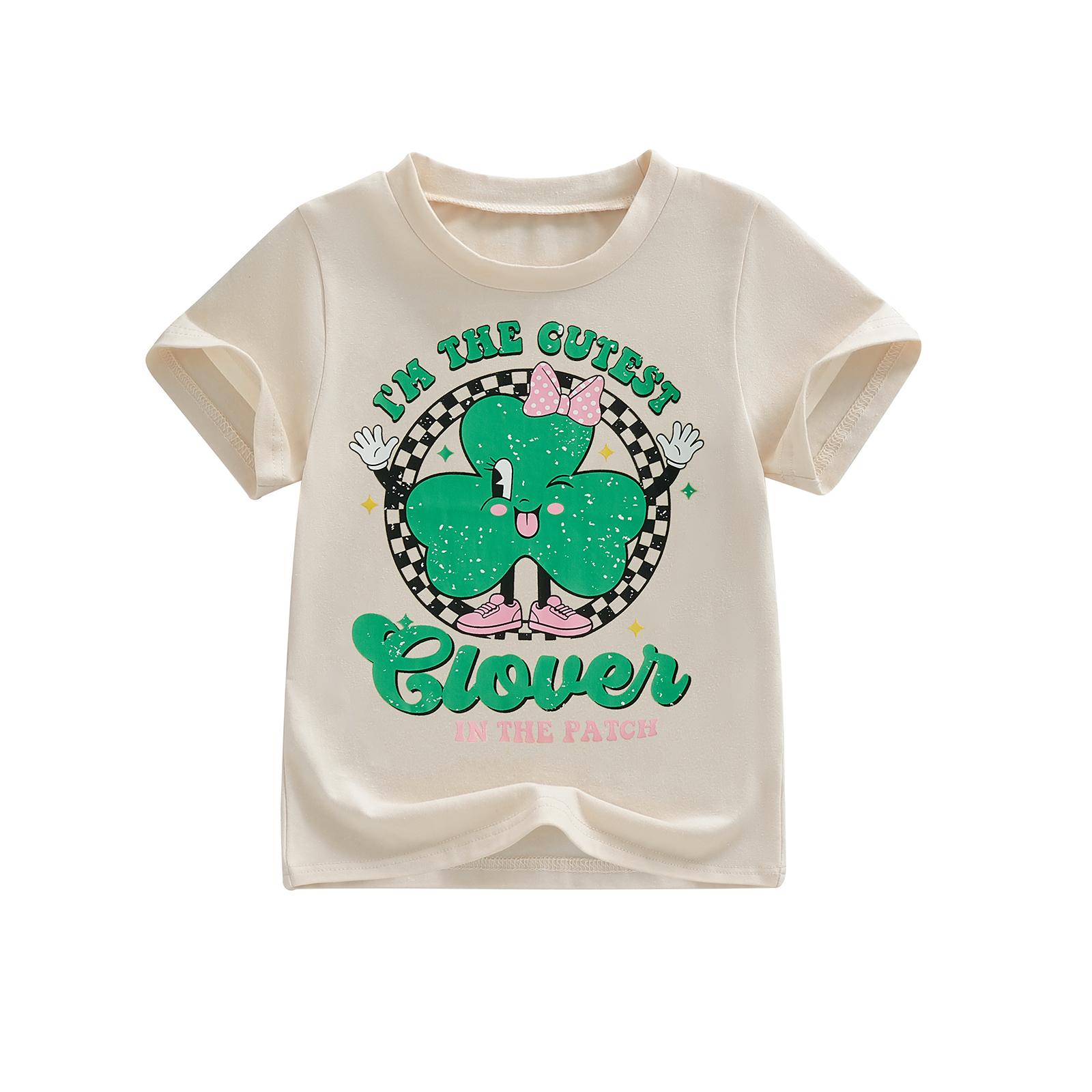 

Kids Girls T-Shirts Irish Outfits Letter Clover Print Crew Neck Short Sleeve Shirts Summer Casual Fashion Toddler Tops 100