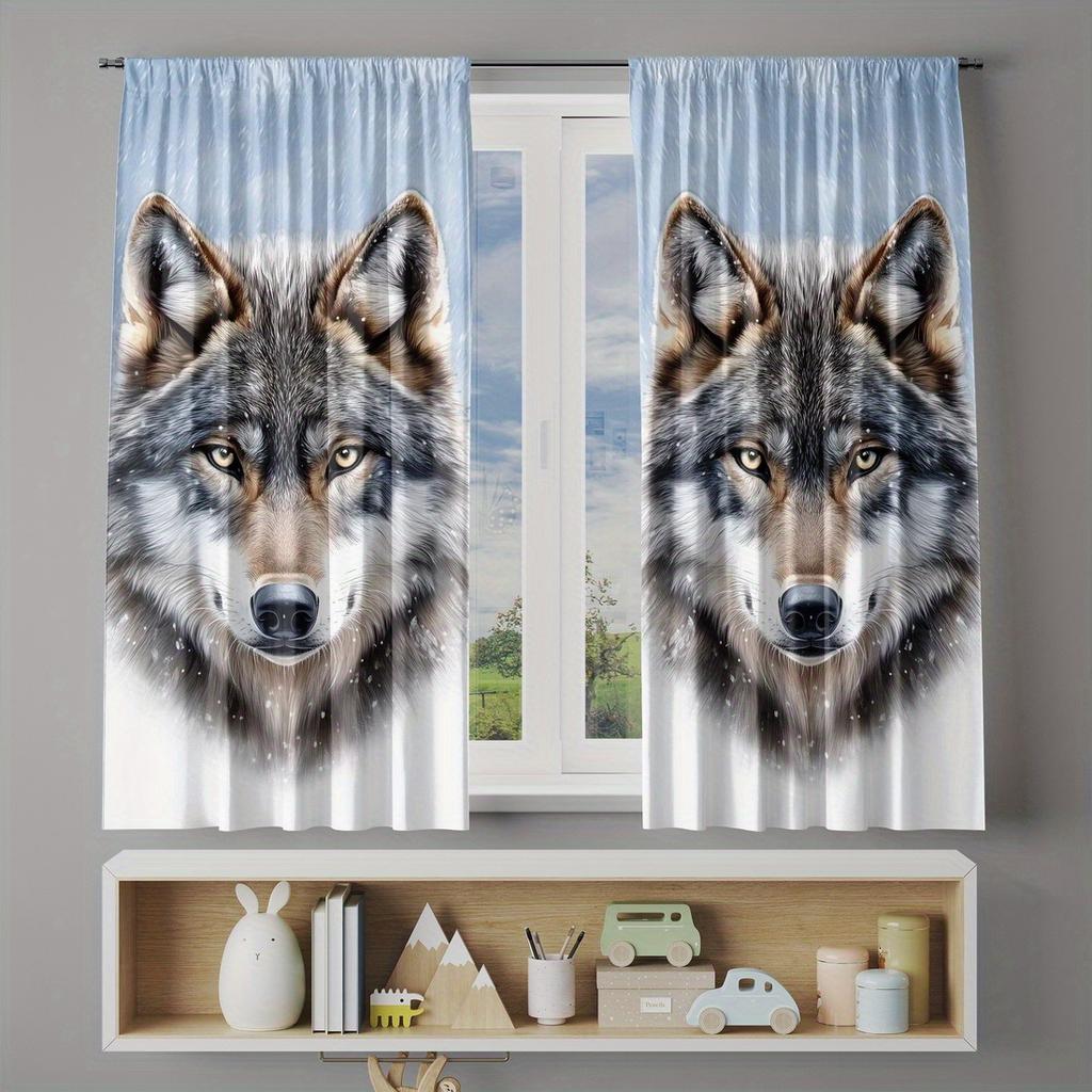 2pc Wolf print curtains   polyester fabric   machine washable   suitable for bedroom and living room decoration