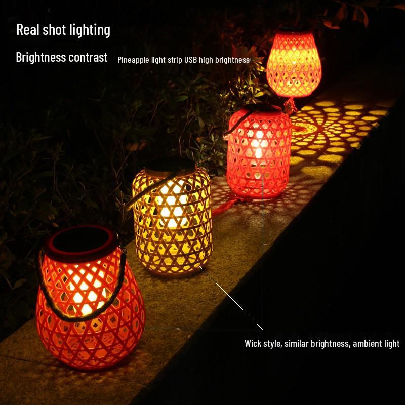 Chinese-Style Solar USB Charging Courtyard Lantern: Outdoor Rattan Atmosphere Lamp, Floor-Standing or Handheld for Balcony and Garden.