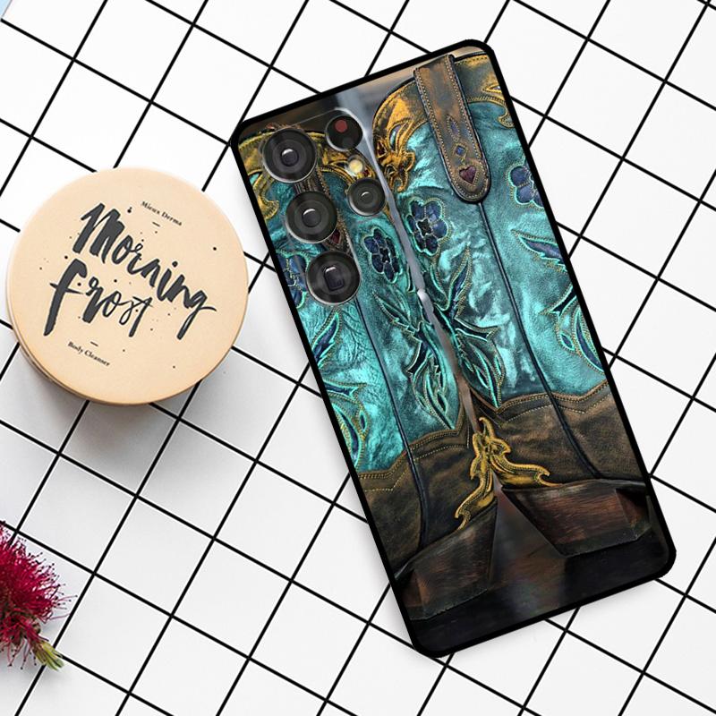 Western Cowgirl Cowboy Boots Cowhide Case For Samsung Galaxy S21 S22 S23 S24 S25 Ultra S9 S10 S25 Plus S25 FE S20 FE Phone Cover