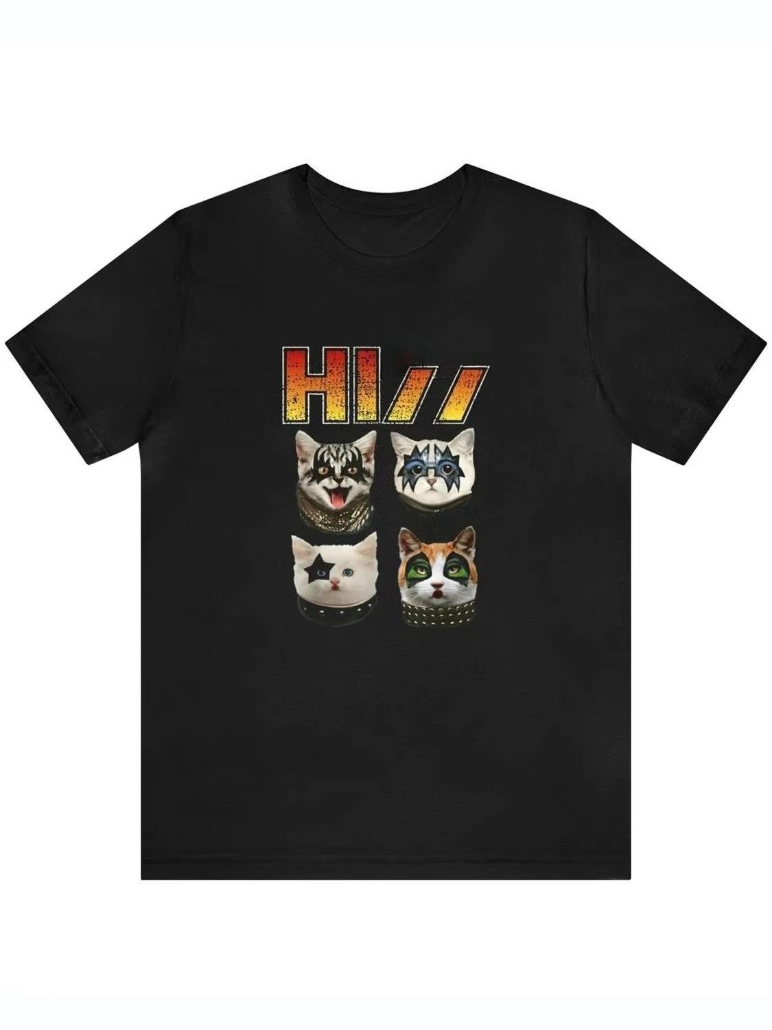 T-shirt À Manches Courtes Imprimé Rétro Hip-hop Chat T-shirt Décontracté Américain À La Mode Pour Hommes Et Femmes En Pure Coton 4XL