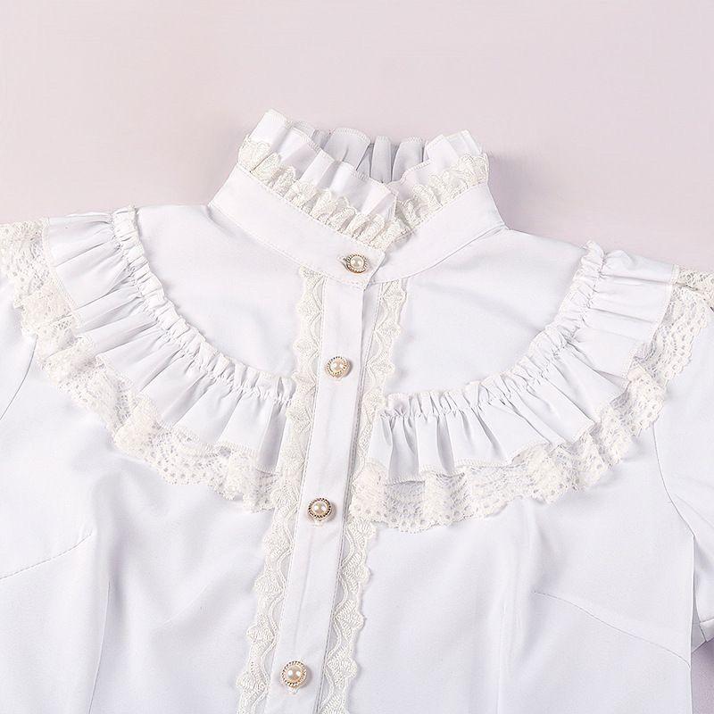 Women's Vintage Ruffle Collar Shirt Spring New Arrival High Neck Lace Trim Button Down Shirt Elegant Gothic Blouse Tops
