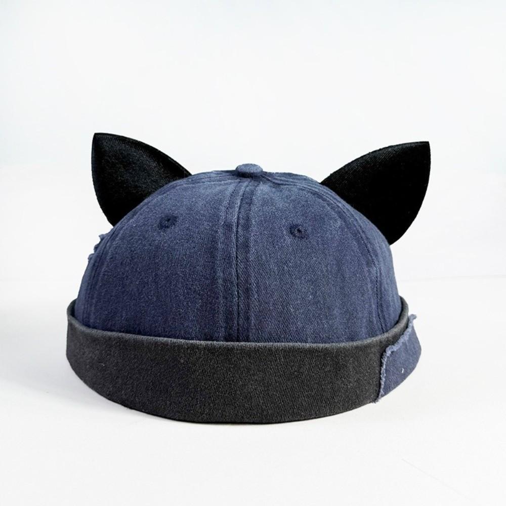 Unisex Cotton Cat Ears Brimless Hat Breathable Washed Old Beanie Hat Solid Color Beanie Cap
