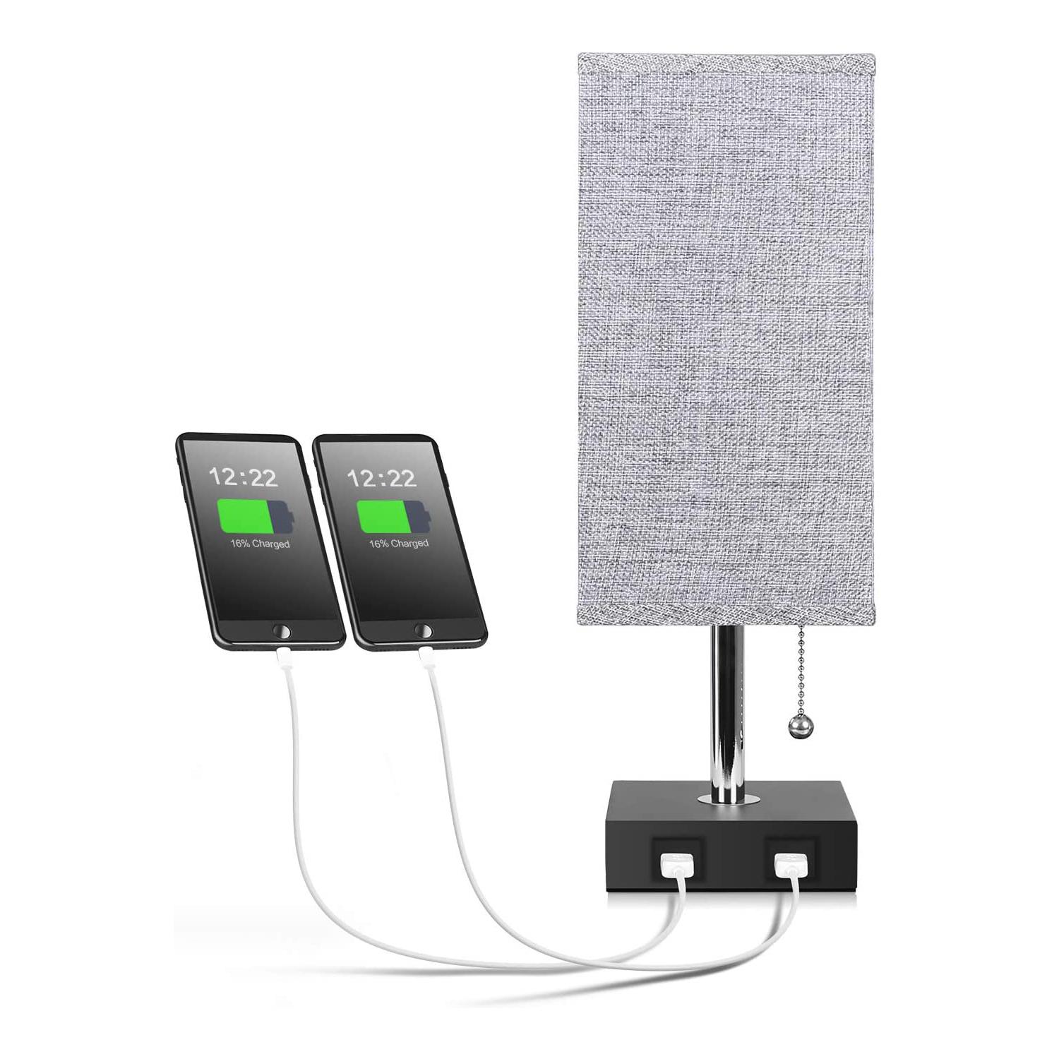 

Прикроватная USB-лампа с 2 полезными USB-портами для зарядки, настольная лампа с тканевым абажуром Идеально подходит для спальни, гостиной, кабинета серый