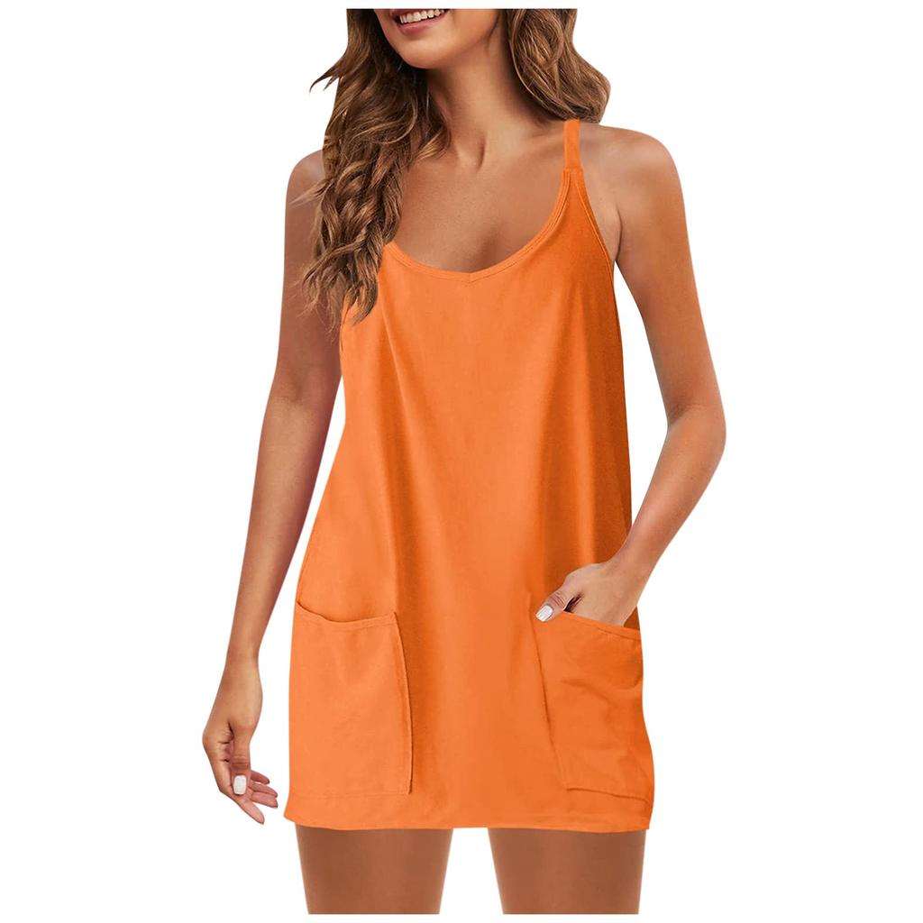 Womens Summer Sleeveless Dress V Neck Adjustable Spaghetti Strap Athletic Short Dress With Pockets