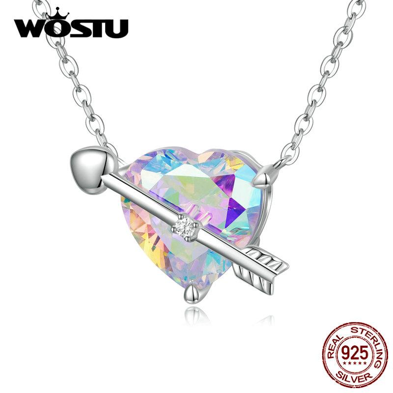 WOSTU 925 Sterling Silver Heart Rainbow Crystal Love First Sight Charm Necklace for Women Romantic Fine Jewelry Engagement Gift