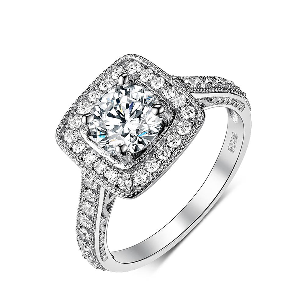 

S925 Стерлинговое серебряное кольцо квадратной формы Halo Moissanite Обручальное кольцо для женщин Роскошные ювелирные изделия с центральным круглым муассанитом