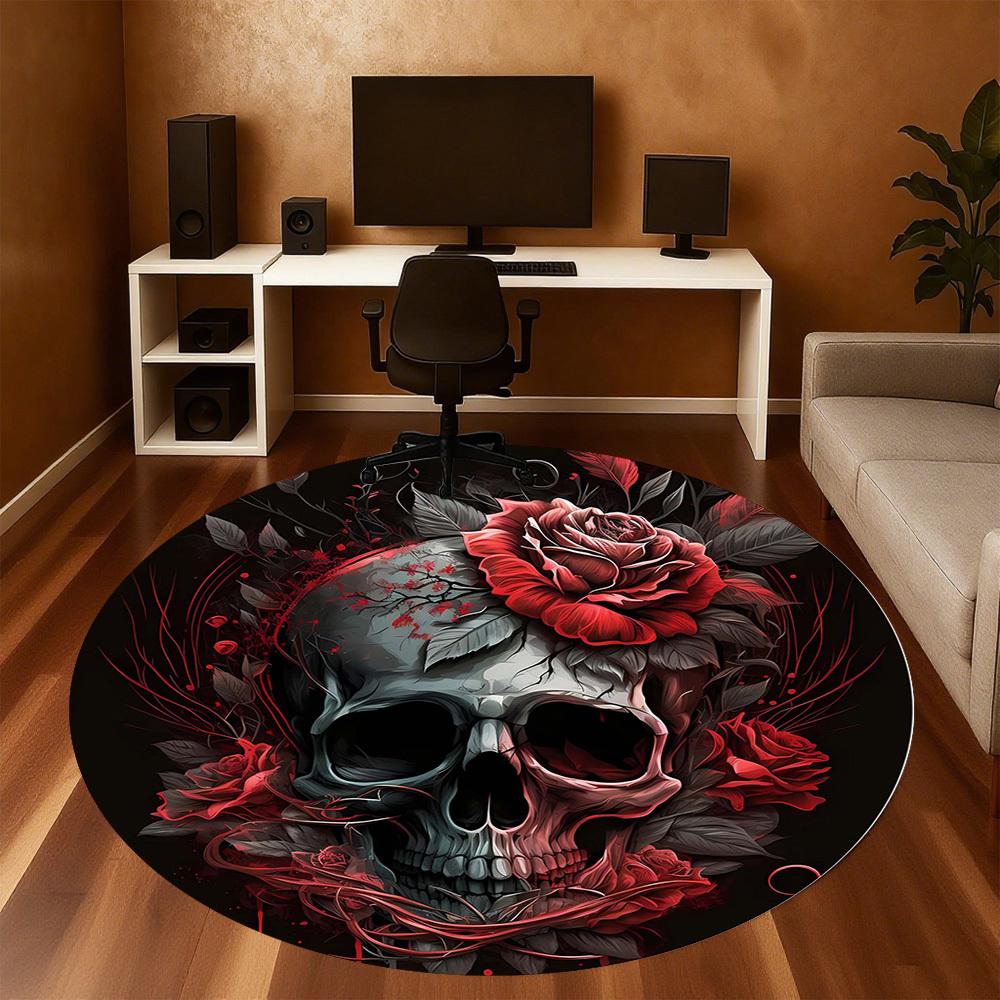 1pc Skull Rose Round Chair Mat Area Rug - Non-Slip, Floor Mat for Office, Bedroom, and Indoor Decor C1125632