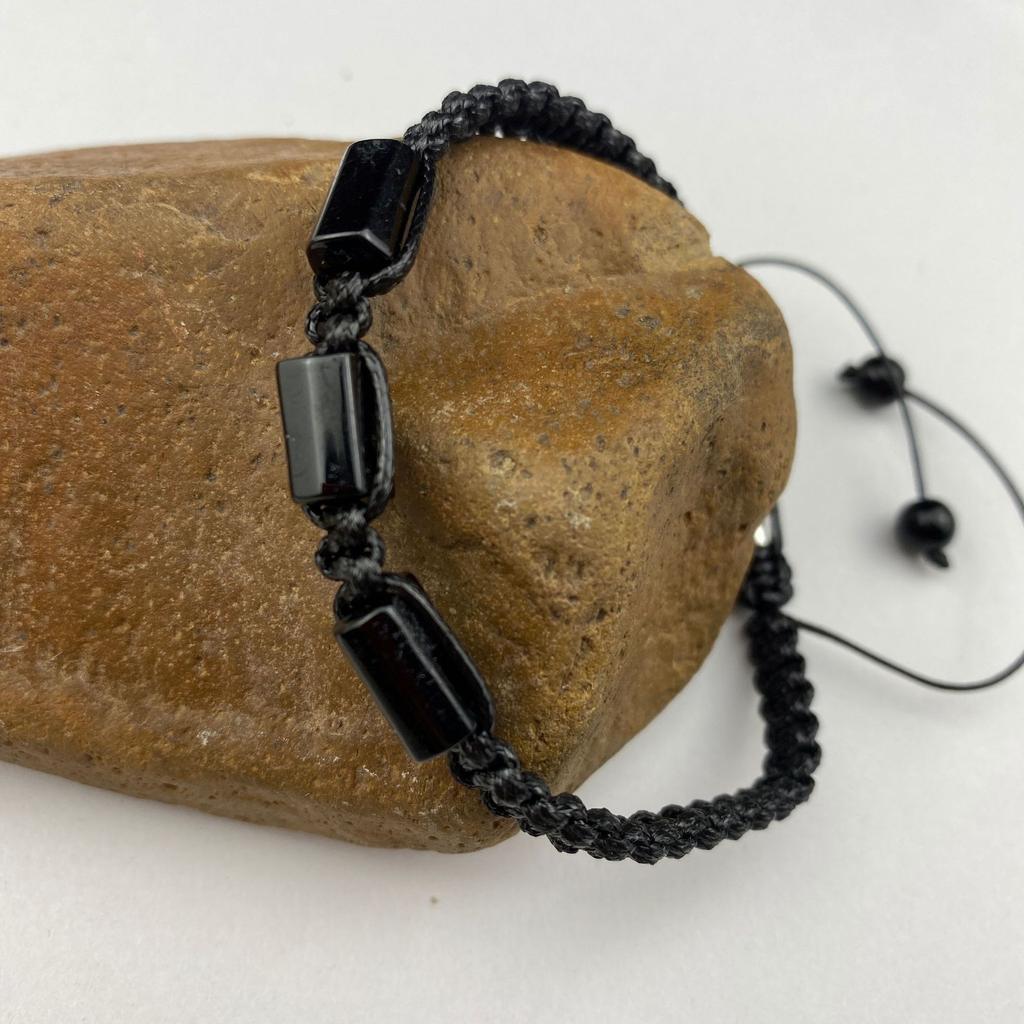 Single Layer Woven Bracelet 811MM Cut Cylindrical Natural Black Tourmaline Bracelet