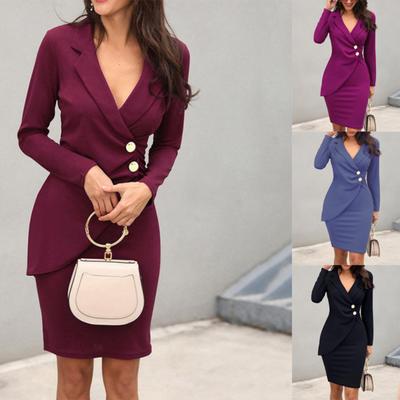 Dames effen kleur knoop herfst en winter slim rits pak jurk casual kantoor