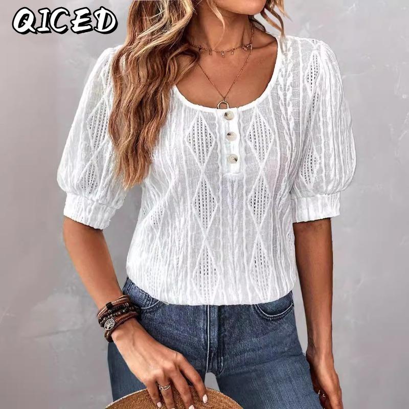 QICED Camicette e camicie casual con scollo a maniche corte e alla moda da donna