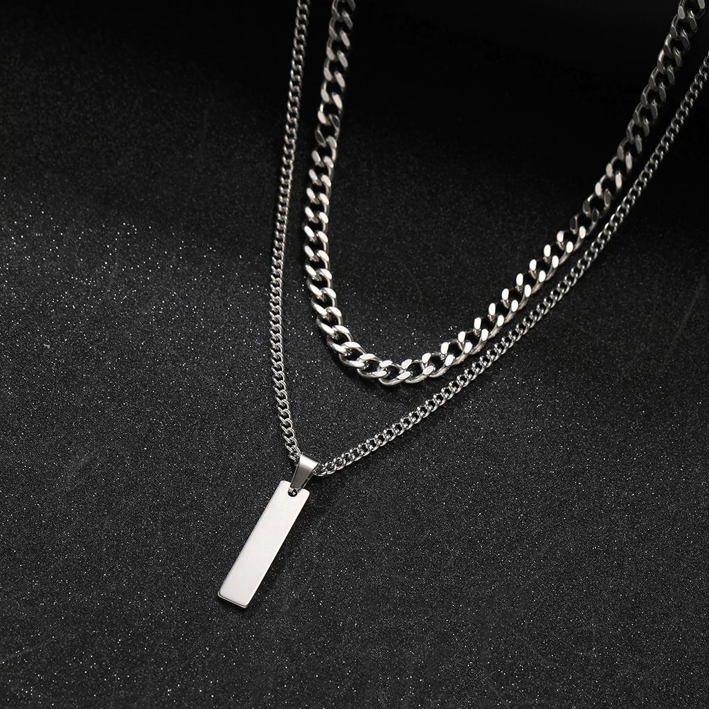2Pcs/Set Small Hanging Tag Stainless Steel Necklace for Men Geometric Silver Color Pendant Necklace Fashion Hip Hop Jewelry Gift